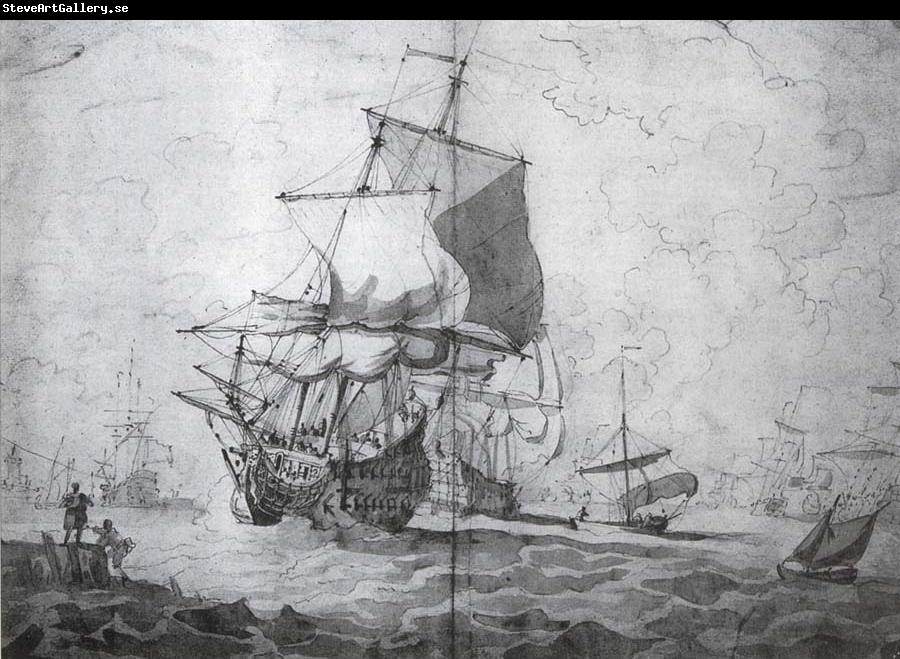 Monamy, Peter A two-decker man-o-war shortening sail seen from the port bow other craft lightly pencilled in the background